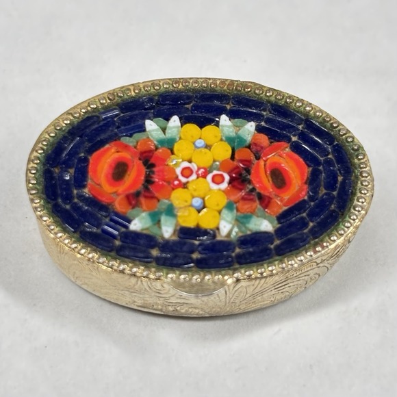 Vintage Italian Micro Mosaic Floral‎ Brass Pill Box - Marked "Italy" - Picture 1 of 7